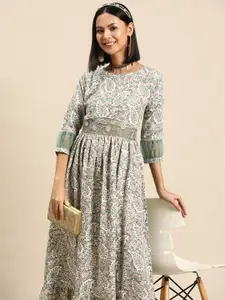 Sangria Floral Printed Embroidered Fit & Flare Maxi Dress