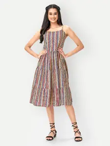 DRESOUL Strips Striped Shoulder Straps Smocked Detailed Cotton A-Line Dress