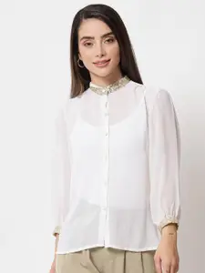 studio rasa Embellished Mandarin Collar Puff Sleeves Sequined Shirt Style Top