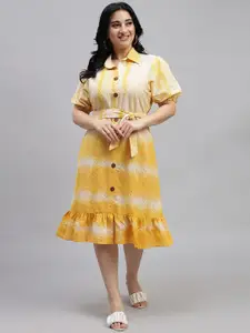 Curvy Lane Plus Size Tie and Dyed Puff Sleeve Midi Cotton Shirt Dress With A Belt