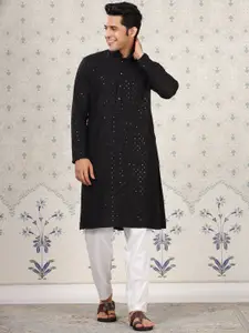 House of Pataudi Ethnic Motifs Embroidered Sequinned Detail Mandarin Collar Straight Kurta