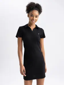 DeFacto Ribbed Shirt Collar T-shirt Mini Dress
