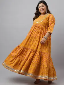 XL LOVE by Janasya Plus Size Printed Thread Work Tiered Cotton Maxi Ethnic Dress