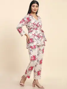 BAESD Floral Printed Lapel Collar Top & Boot-Cut Wrinkle Free Trousers Pant Co-Ord Set