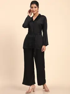 BAESD Lapel Collar Top & Boot-Cut Wrinkle Free Trousers Pant Co-Ord Set