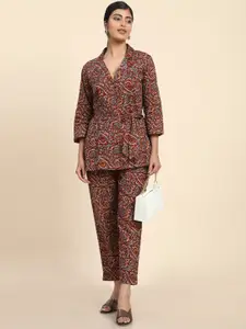BAESD Ethnic Printed Lapel Collar Top & Boot-Cut Wrinkle Free Trousers Pant Co-Ord Set