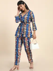 BAESD Geometric Printed Lapel Collar Top & Boot-Cut Wrinkle Free Trousers Pant Co-Ord Set