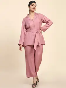 BAESD Lapel Collar Top & Boot-Cut Wrinkle Free Trousers Pant Co-Ord Set