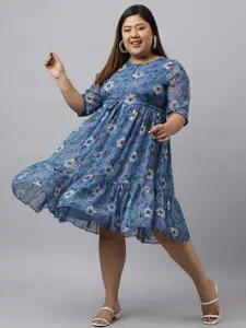 XL LOVE by Janasya Plus Size Floral Printed Gathered Georgette Fit &Flare Dress