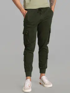 Snitch Men Olive Green Mid-Rise Slim Fit Cotton Cargos Trousers