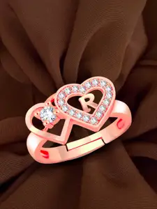 MEENAZ Rose Gold-Plated American Diamond-Studded R Alphabet Finger Ring