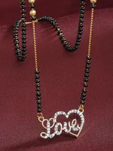 Kennice Gold-Plated American Diamond-Studded & Beaded Love Pendant Mangalsutra