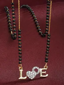 Aazeen Gold-Plated American Diamond-Studded & Beaded Love Pendant Mangalsutra