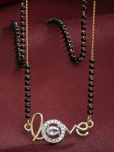 Aazeen Gold-Plated American Diamond-Studded & Beaded Love Pendant Mangalsutra