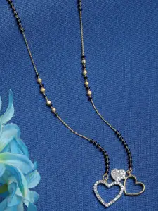 Aazeen Gold-Plated American Diamond-Studded & Beaded Three Heart love Pendant Mangalsutra