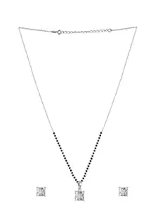 Abhooshan Pure 925 Sterling Silver Single Solitaire Square CZ Mangalsutra & Earrings Set