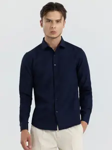Snitch Men Navy Blue Classic Slim Fit Opaque Casual Shirt