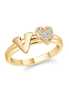 Vighnaharta Gold-Plated Cubic Zirconia Studded Alphabet V Finger Ring