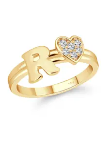 Vighnaharta Gold-Plated Initial R & Heart Shaped Cubic Zirconia Studded Finger Ring