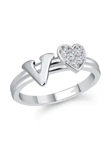 Vighnaharta Rhodium-Plated Cubic Zirconia Studded Alphabet V Finger Ring