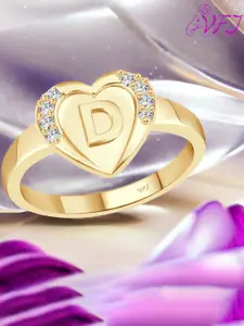 Vighnaharta Gold-Plated Initial D Embossed Cubic Zirconia Studded Finger Ring