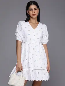 Allen Solly Woman Pure Cotton Floral Print Puff Sleeve Fit & Flare Dress