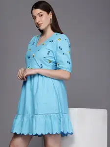 Allen Solly Woman Pure Cotton  Embroidered Puff Sleeve Fit & Flare Dress