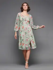 Miss Chase Floral Printed Puff Sleeves Sequinned Ruched Georgette A-Line Dress