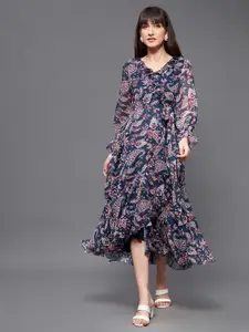 Miss Chase Navy Blue Floral Printed Puff Sleeves Tie Ups Wrap Dress
