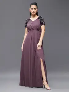 Miss Chase Mauve Embellished Raglan Sleeves Sequinned Detail Maxi Dress
