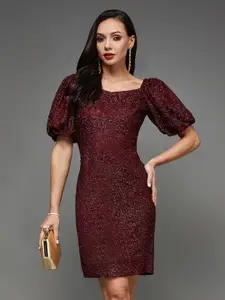 Miss Chase Maroon Self Design Sweetheart Neck Puff Sleeve Bodycon Dress