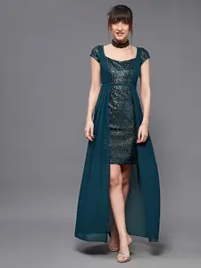 Miss Chase Teal Embellished Sweetheart Neck Layered Georgette Sheath Dress
