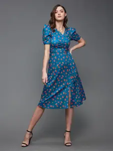 Miss Chase Blue Floral Printed V-Neck Puff Sleeve Tie-Ups Detail Wrap Dress