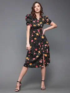 Miss Chase Black Floral Printed V-Neck Puff Sleeve Attached Belt Wrap Dress