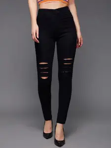 Miss Chase Women Black Slim Fit High-Rise Mildly Distressed Stretchable Jeans