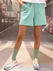 Tokyo Talkies Women Green High-Rise Regular Shorts