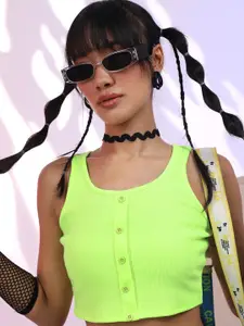 Tokyo Talkies Fluorescent Green Ribbed Round Neck Fitted Crop Top