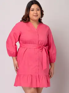 FabAlley Curve Plus Size Mandarin Collar Puff Sleeve Pure Cotton Shirt Style Dress