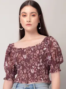 FabAlley Brown Floral Printed Puff Sleeves Smocked Fitted Crop Top