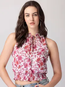 FabAlley White Floral Printed Tie-Up Neck Blouson Crop Top