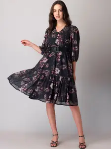 FabAlley Black, White & Pink Floral Printed V-Neck Puff Sleeves Fit & Flare Dress
