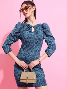 Tokyo Talkies Teal Blue Floral Printed Puffed Sleeves Sheath Mini Dress