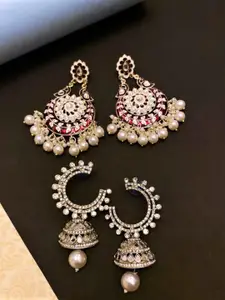 ATIBELLE Set of 2 Gold-Plated Kundan & Pearl, Mirror Studded Earrings