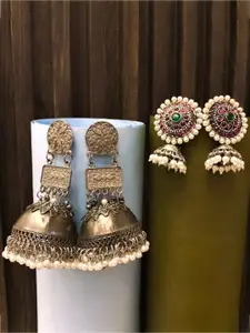 ATIBELLE Set of 2 Gold-Plated Pearl Beaded Dome Shaped Antique Jhumkas
