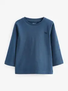 NEXT Boys Solid Indigo Knitted Pure Cotton T-shirt With Minimal Embroidered Detail
