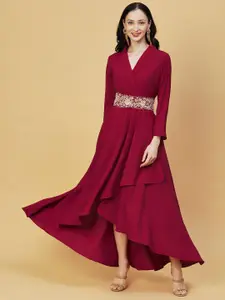 Envy Me by FASHOR V-Neck Embroidered Detail Silk Fit & Flare Ethnic Maxi Dress With Belt