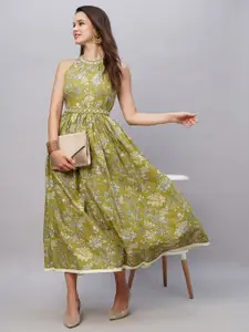 Kiana House Of Fashion Floral Printed Halter Neck Embroidered Detailed Cotton Fit & Flare Midi Dress