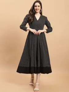 WESTCLO Polka Dots Printed V-Neck Cotton Fit & Flare Midi Dress