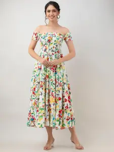 BAESD Floral Printed Off-Shoulder Smocked Detailed Fit & Flare Midi Dress