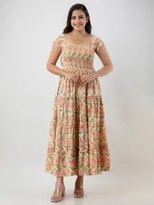 BAESD Floral Printed Cap Sleeves Smocked Fit & Flare Dress